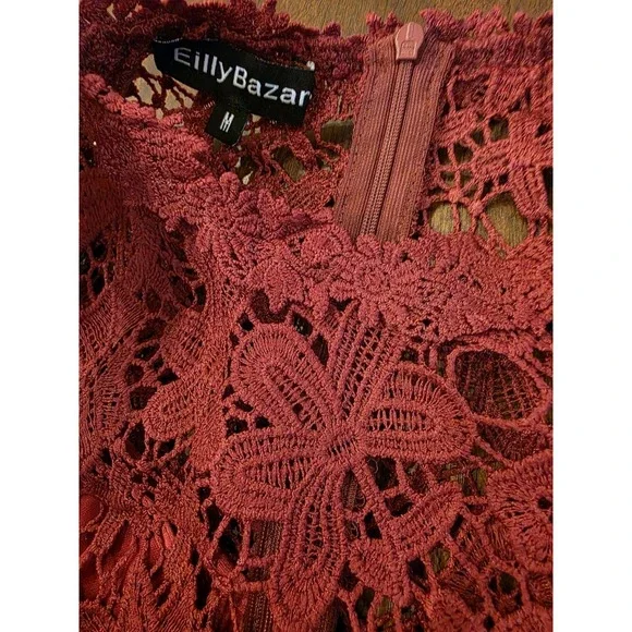 Eilly Bazar Women's Dress Size Medium Lace Overlay Burgundy Holiday Glam NEW - Picture 11 of 11
